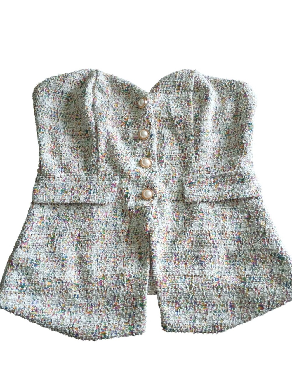 SHEIN Multicolor Tweed Strapless Bustier Jacket with Pearl Buttons